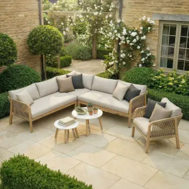 Antigua Rope Weave Corner Sofa Set - Lounge Chair & 2 Round Coffee Tables