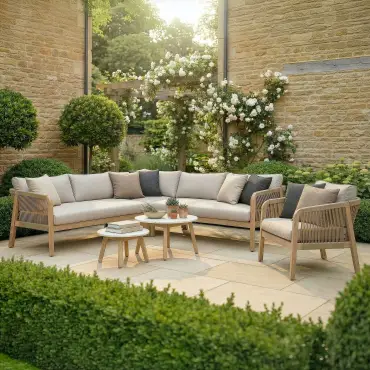 Antigua Rope Weave Corner Sofa Set - Lounge Chair & 2 Round Coffee Tables - Terrazzo