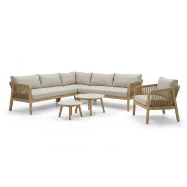 Antigua Rope Weave Corner Sofa Set - Lounge Chair & 2 Round Coffee Tables
