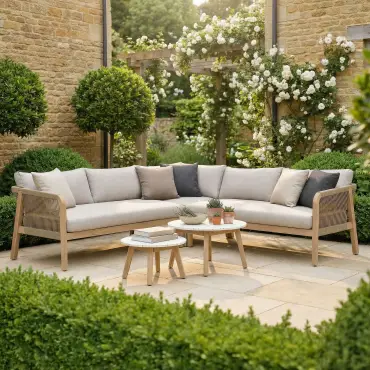 Antigua Rope Weave Corner Sofa Set - 2 Round Coffee Tables