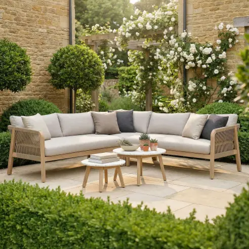 Antigua Rope Weave Corner Sofa Set - 2 Round Coffee Tables