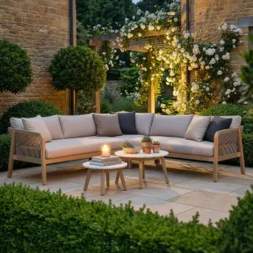 Antigua Rope Weave Corner Sofa Set with 2 Round Coffee Tables - Terrazzo