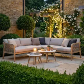 Antigua Rope Weave Corner Sofa Set with 2 Round Coffee Tables - Terrazzo