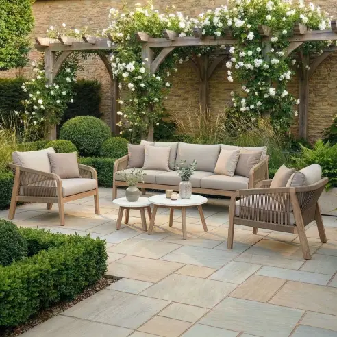 Antigua Rope Weave 3 Seat Sofa Set - 2 Lounge Armchairs & Round Coffee Tables