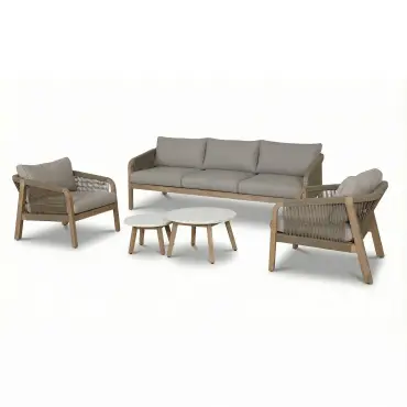 Antigua Rope Weave 3 Seat Sofa Set - 2 Lounge Armchairs & Round Coffee Tables