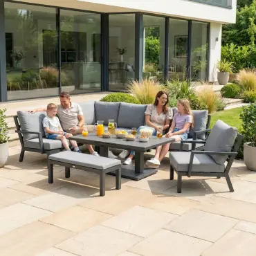 Vogue Corner Aluminium Dining Set Armchair & Bench - Adjustable Rising Extending Table