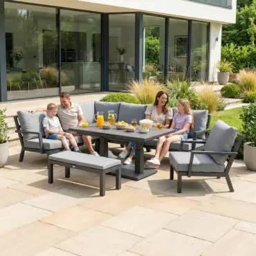 Vogue Corner Aluminium Dining Set Armchair & Bench - Adjustable Rising Extending Table
