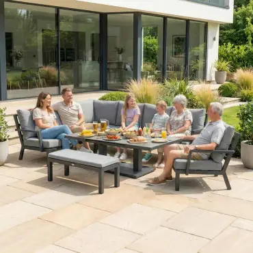 Vogue Corner Aluminium Dining Set Armchair & Bench - Adjustable Rising Extending Table