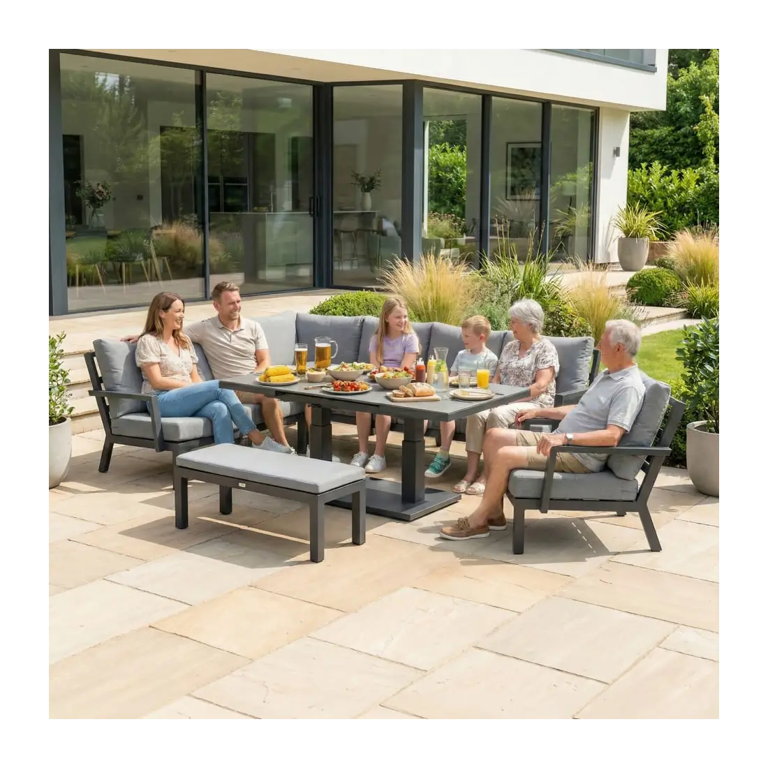 Vogue Corner Aluminium Dining Set Armchair & Bench - Adjustable Rising Extending Table