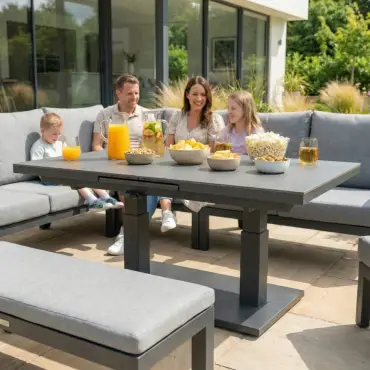 Vogue Corner Aluminium Dining Set Armchair & Bench - Adjustable Rising Extending Table