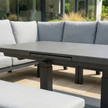 Vogue Corner Aluminium Dining Set Armchair & Bench - Adjustable Rising Extending Table