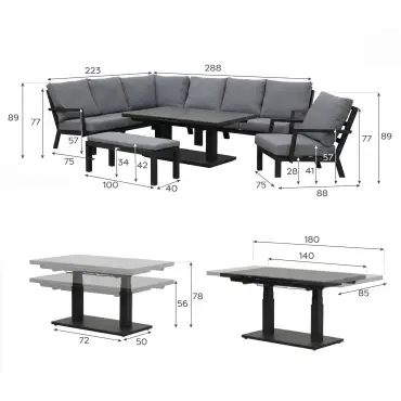 Vogue Corner Aluminium Dining Set Armchair & Bench - Adjustable Rising Extending Table