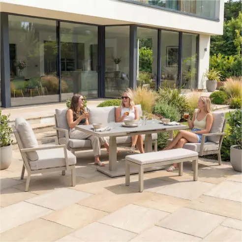 Vogue 3 Seater Aluminium Dining Set - 2 Armchairs & Bench - Adjustable Rising Extending Table