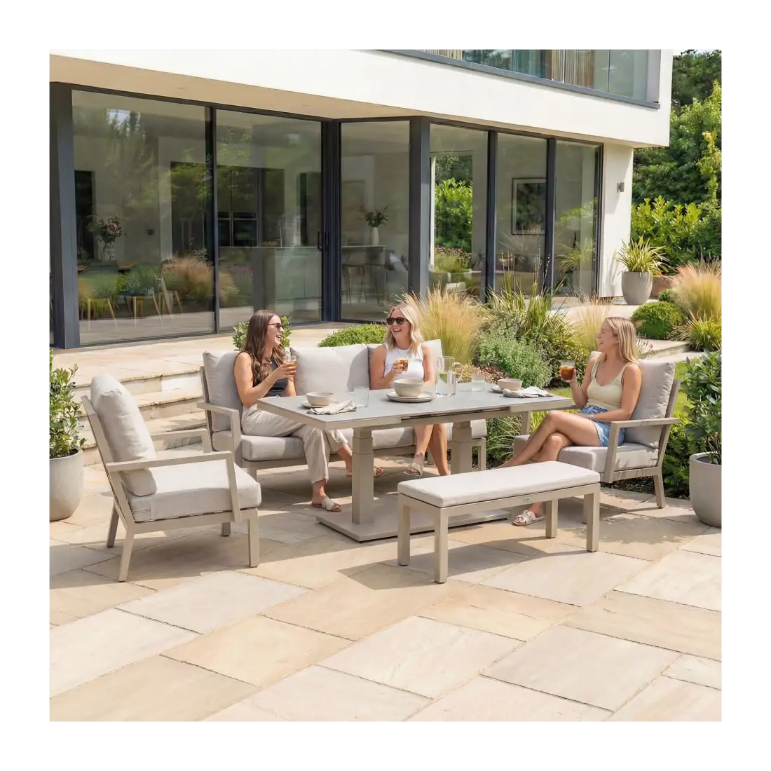 Vogue 3 Seater Aluminium Dining Set - 2 Armchairs & Bench - Adjustable Rising Extending Table
