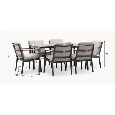 Monti 6 Seat Aluminium Wood Dining Set - Rectangular Table