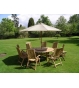 Chunky 150cm table, 6 recliners, cushions & parasol