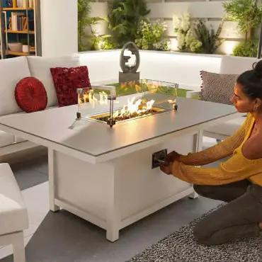 Vogue Aluminium Casual Dining Corner Sofa Set with Firepit Table & Armchair & Bench