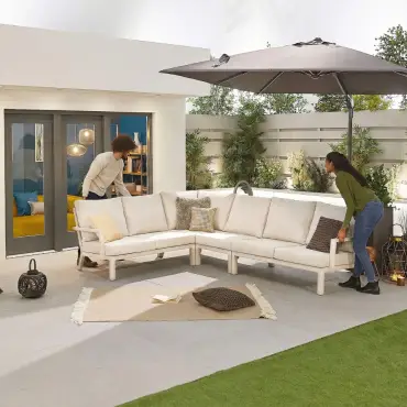 Vogue Aluminium Casual Dining Corner Sofa Set with Firepit Table & Armchair & Bench