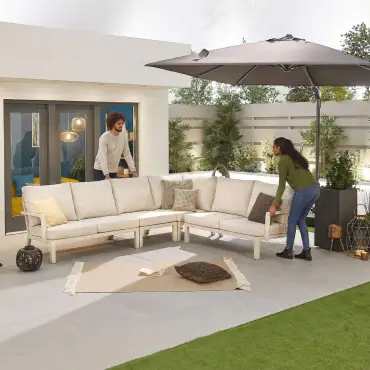 Vogue Aluminium Casual Dining Corner Sofa Set with Firepit Table & Armchair & Bench