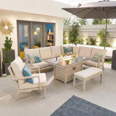 Vogue Aluminium Casual Dining Corner Sofa Set with Firepit Table & Armchair & Bench