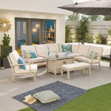 Vogue Aluminium Casual Dining Corner Sofa Set with Firepit Table & Armchair & Bench