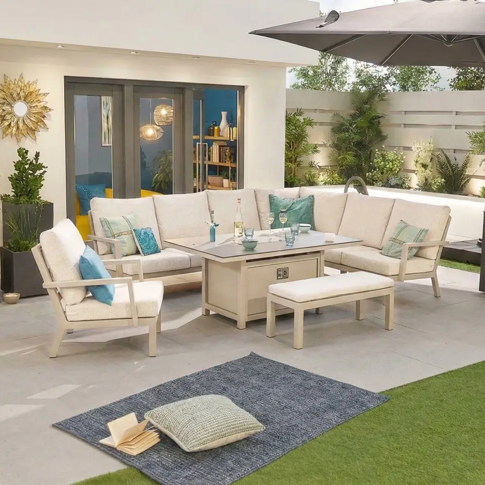 Vogue Aluminium Dining Corner Sofa Set - Firepit Table with Armchair & Bench