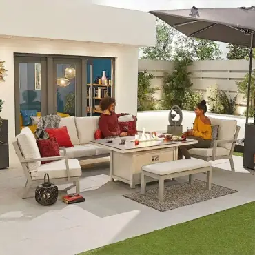 Vogue Aluminium Casual Dining Corner Sofa Set with Firepit Table & Armchair & Bench