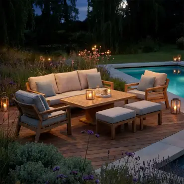 New York 3 Seat Sofa Aluminium Sofa Set with Rising Table - Wood Effect