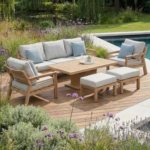 New York 3 Seat Sofa Aluminium Sofa Set with Rising Table - Wood Effect New York 3 Seat Sofa Aluminium Sofa Set with Rising Table - Wood Effect