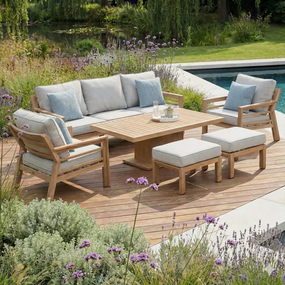New York 3 Seat Sofa Aluminium Sofa Set with Rising Table - Wood Effect New York 3 Seat Sofa Aluminium Sofa Set with Rising Table - Wood Effect