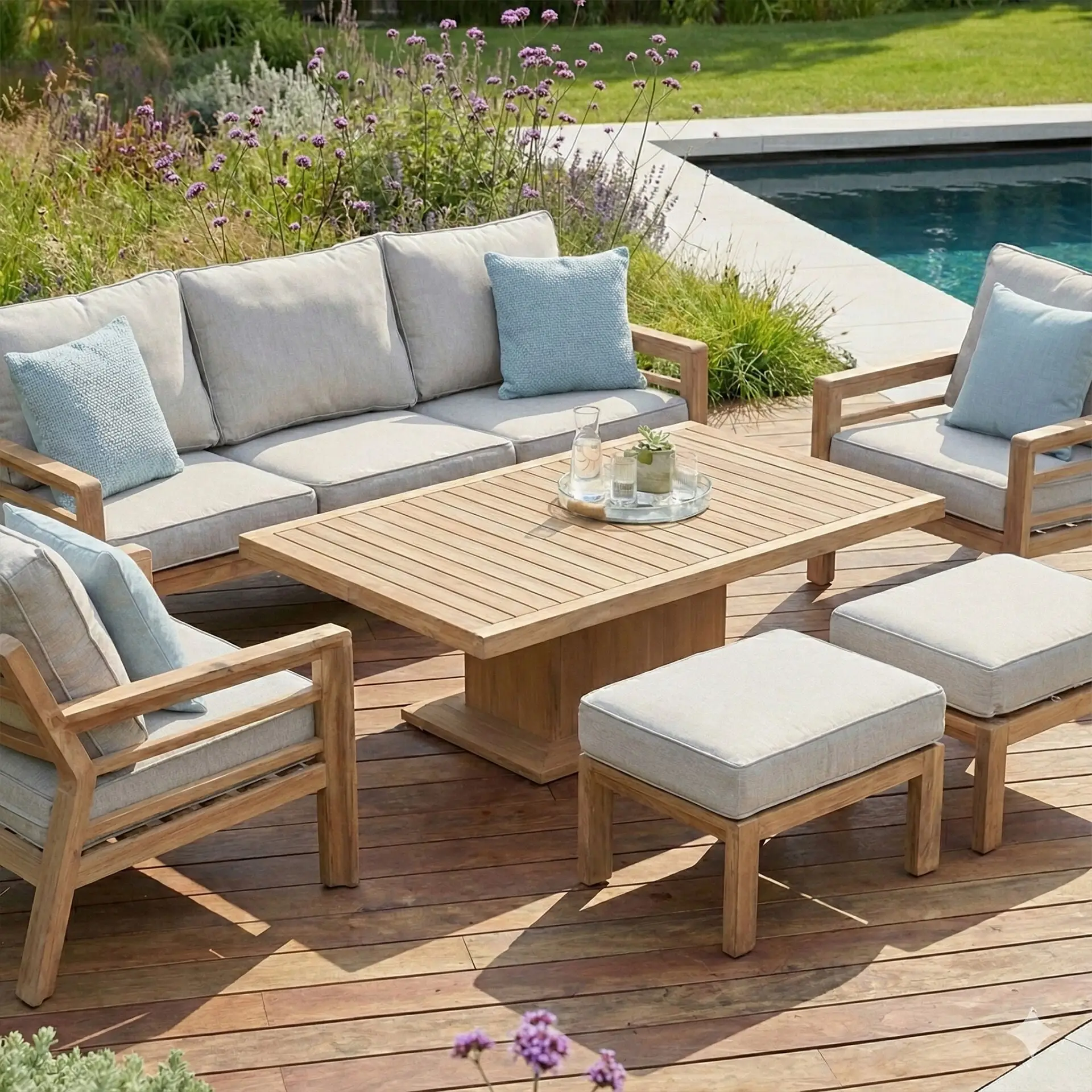 New York 3 Seat Sofa Aluminium Sofa Set with Rising Table - Wood Effect
