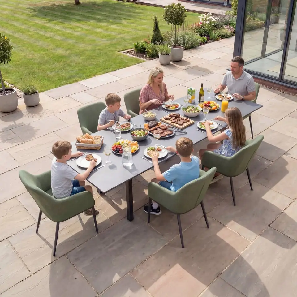 Ally 6-12 Seat Fabric Aluminium Dining Set - Extending Table Green