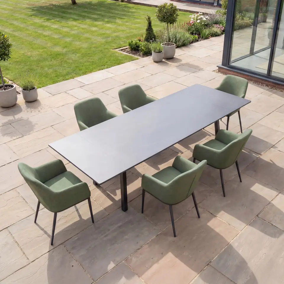 Ally 6-12 Seat Fabric Aluminium Dining Set - Extending Table Green