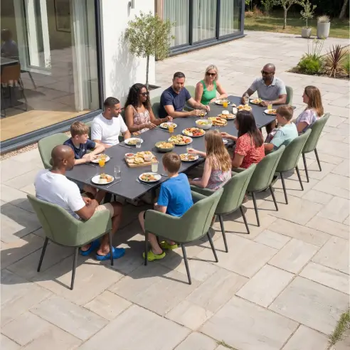 Ally 6-12 Seat Fabric Aluminium Dining Set - Extending Table Green Ally 6-12 Seat Fabric Aluminium Dining Set - Extending Table Green