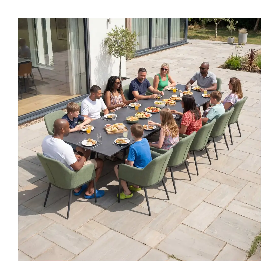 Ally 6-12 Seat Fabric Aluminium Dining Set - Extending Table Green Ally 6-12 Seat Fabric Aluminium Dining Set - Extending Table Green