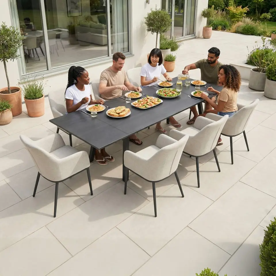 Ally 6-12 Seat Fabric Aluminium Dining Set - Extending Table Oatmeal