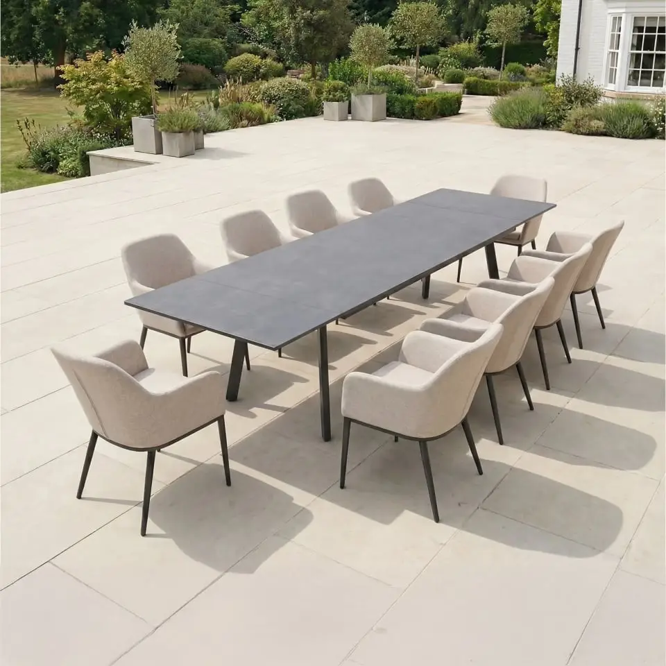 Ally 6-12 Seat Fabric Aluminium Dining Set - Extending Table Oatmeal