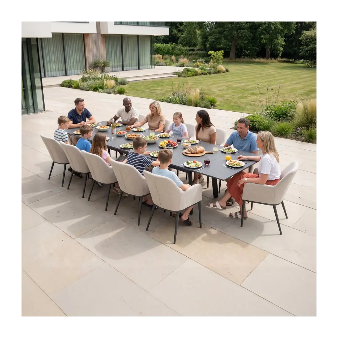 Ally 6-12 Seat Fabric Aluminium Dining Set - Extending Table Oatmeal Ally 6-12 Seat Fabric Aluminium Dining Set - Extending Table Oatmeal