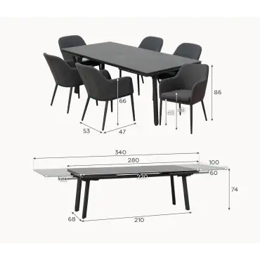 Ally 6-12 Seat Fabric Aluminium Dining Set - Extending Table Graphite Grey