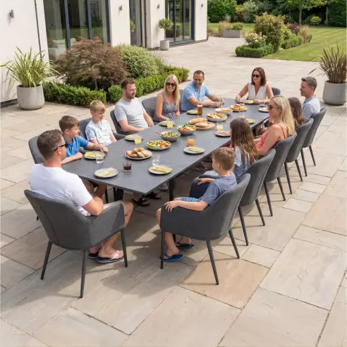 Ally 6-12 Seat Fabric Aluminium Dining Set - Extending Table Graphite Grey Ally 6-12 Seat Fabric Aluminium Dining Set - Extending Table Graphite Grey