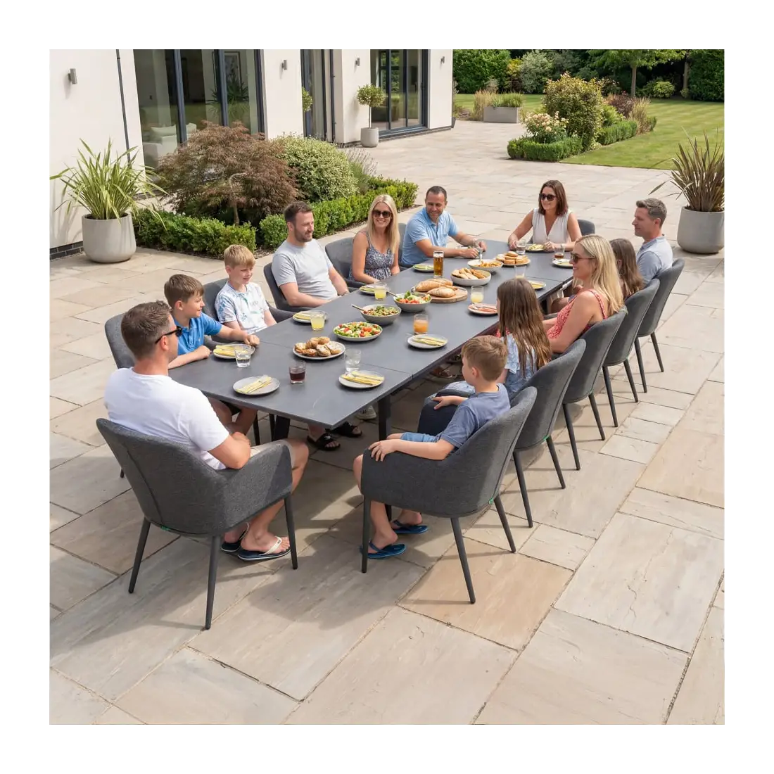 Ally 6-12 Seat Fabric Aluminium Dining Set - Extending Table Graphite Grey Ally 6-12 Seat Fabric Aluminium Dining Set - Extending Table Graphite Grey