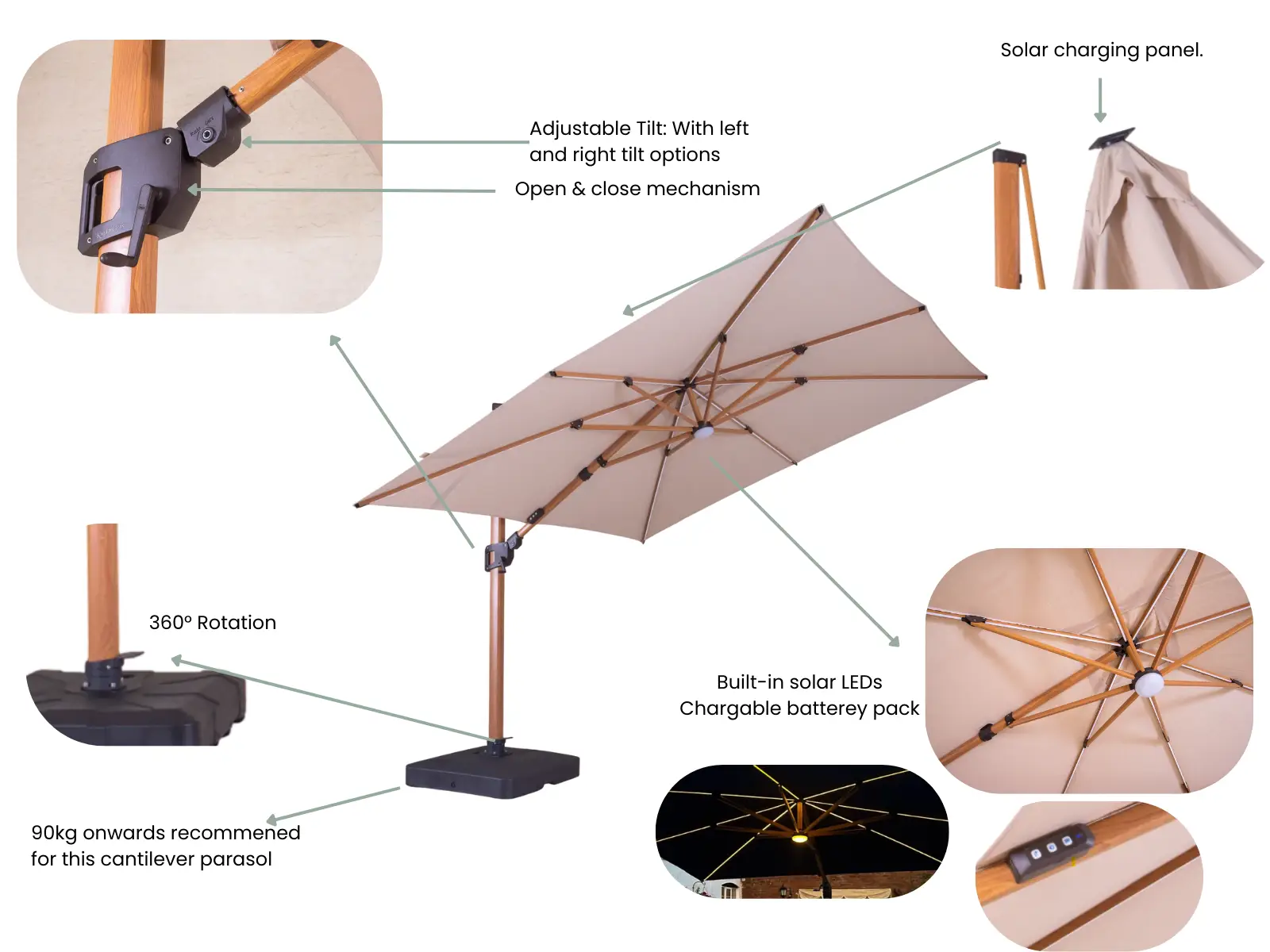 Pisa Cantilever 4m x 3m Parasol with LED lights Landscape