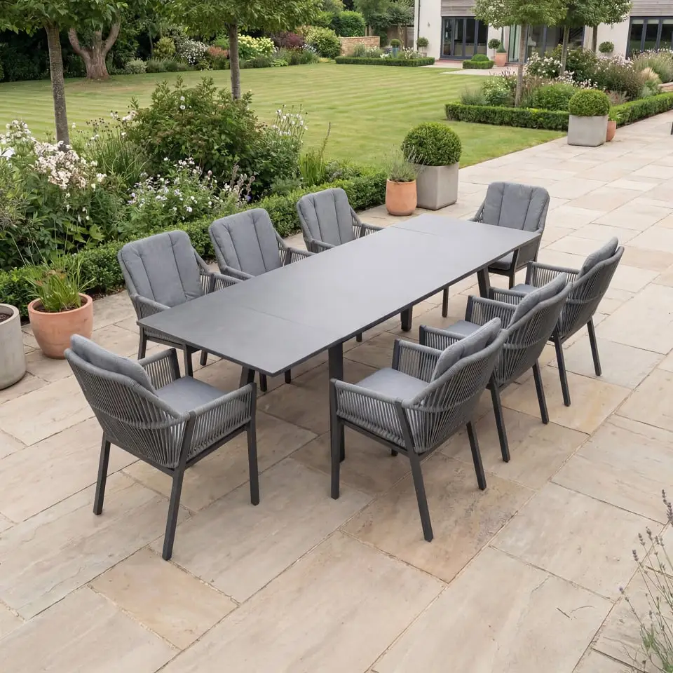 Darcey 8 Seat Rope Aluminium Dining Set - Extending Table with 8 Chairs