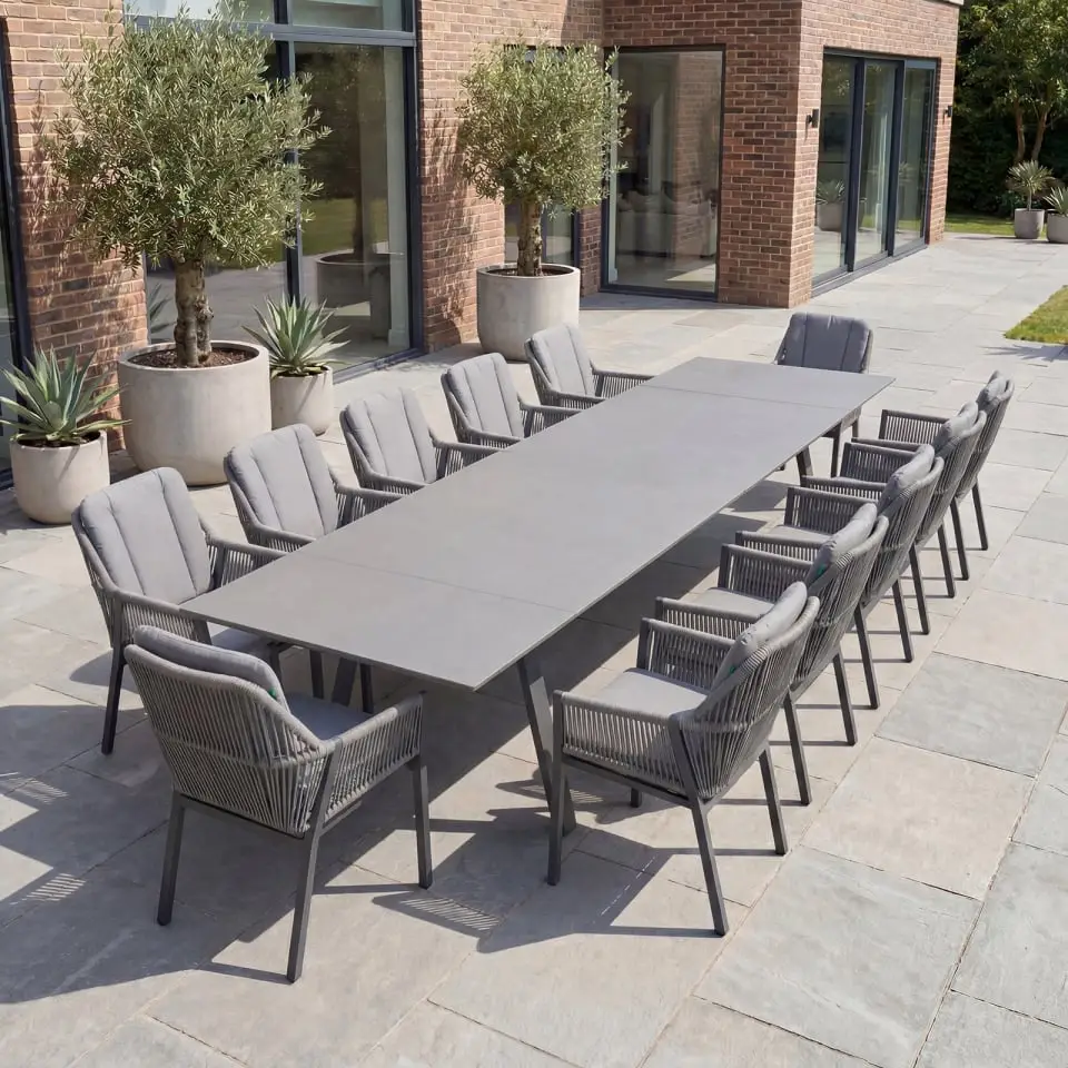 Darcey 12 Seat Rope Aluminium Dining Set - Extending Table with 12 Chairs