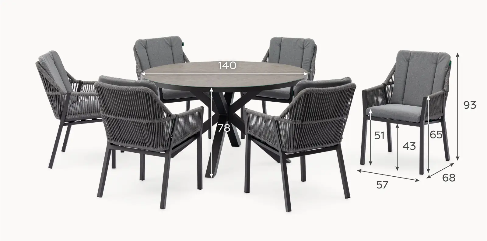 Darcey 6 Seat Rope Aluminium Dining Set - Round Table