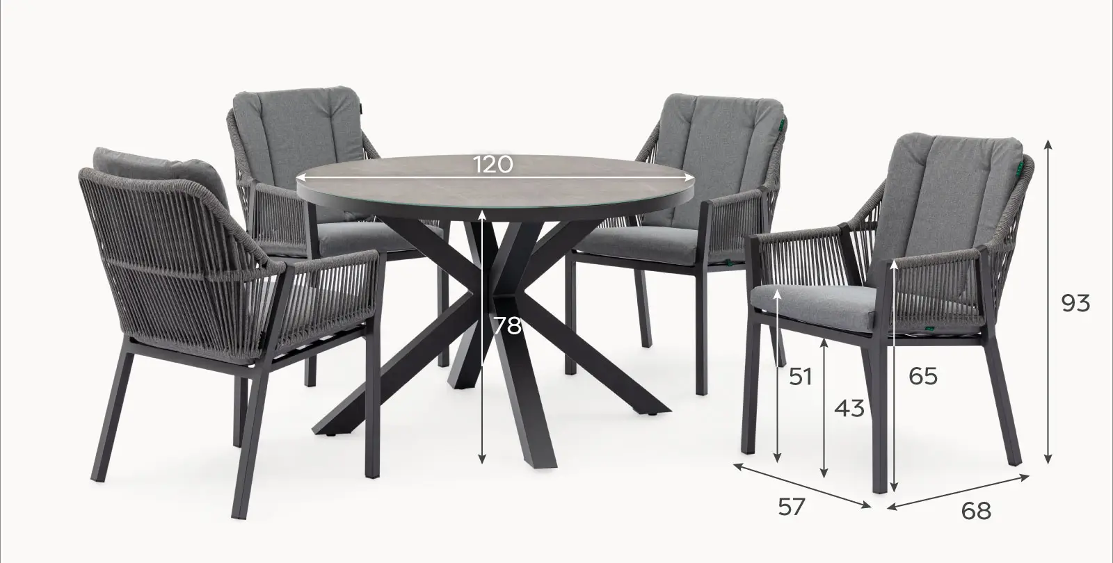 Darcey 4 Seat Rope Aluminium Dining Set - Round Table