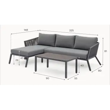 Darcey Rope Aluminium 3 Seater Chaise Sofa Lounging Set