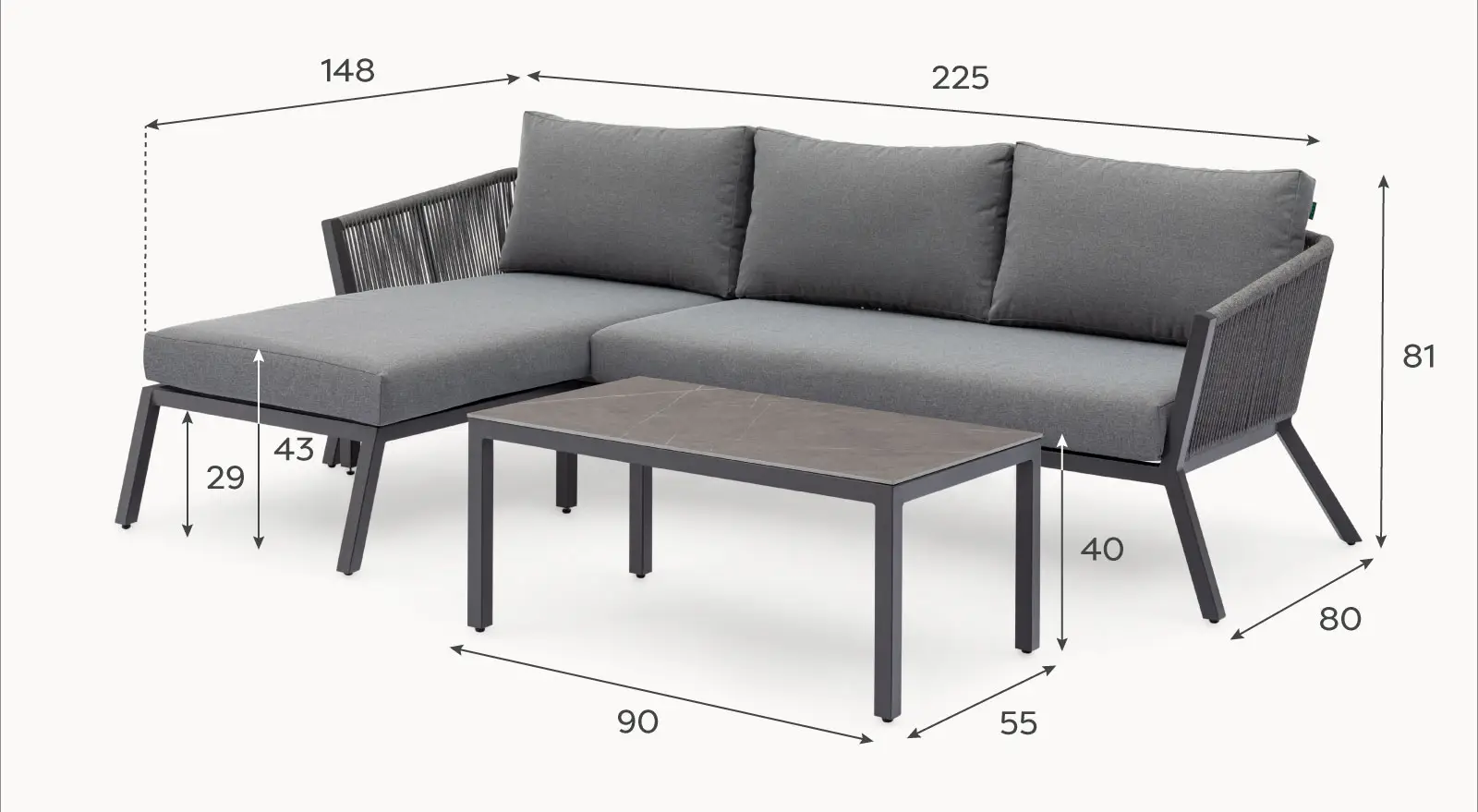 Darcey Rope Aluminium 3 Seater Chaise Sofa Lounging Set
