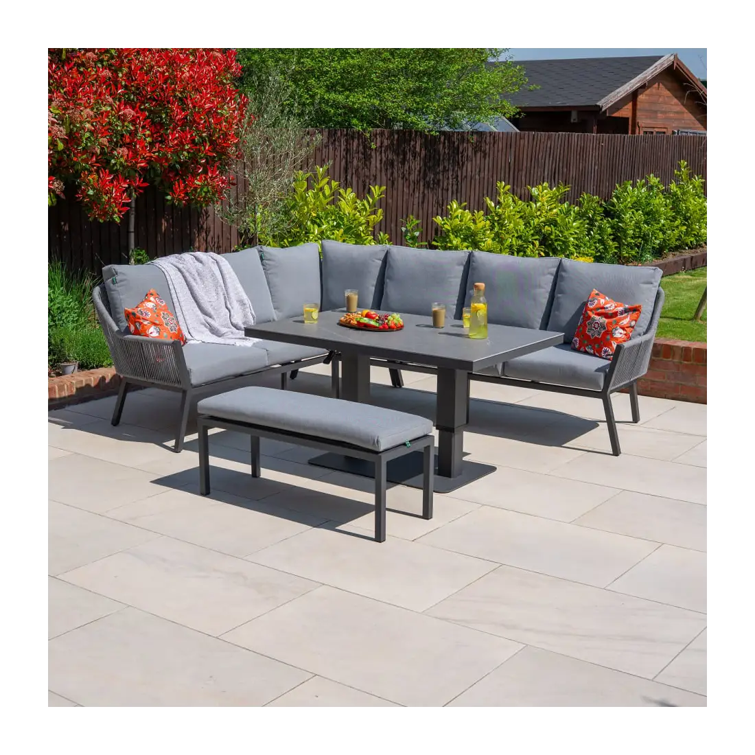 Darcey Corner Rope Aluminium Dining Set with Bench - Rising Table Darcey Corner Rope Aluminium Dining Set with Bench - Rising Table