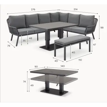 Darcey Corner Rope Aluminium Dining Set with Bench - Rising Table